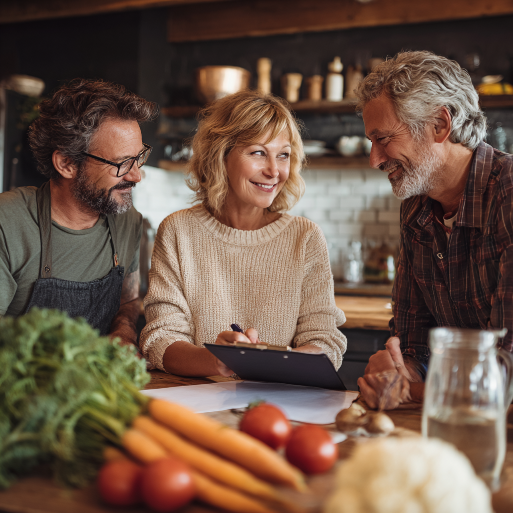 Middle-aged adults consulting nutritionist about meal planning and healthy lifestyle choices