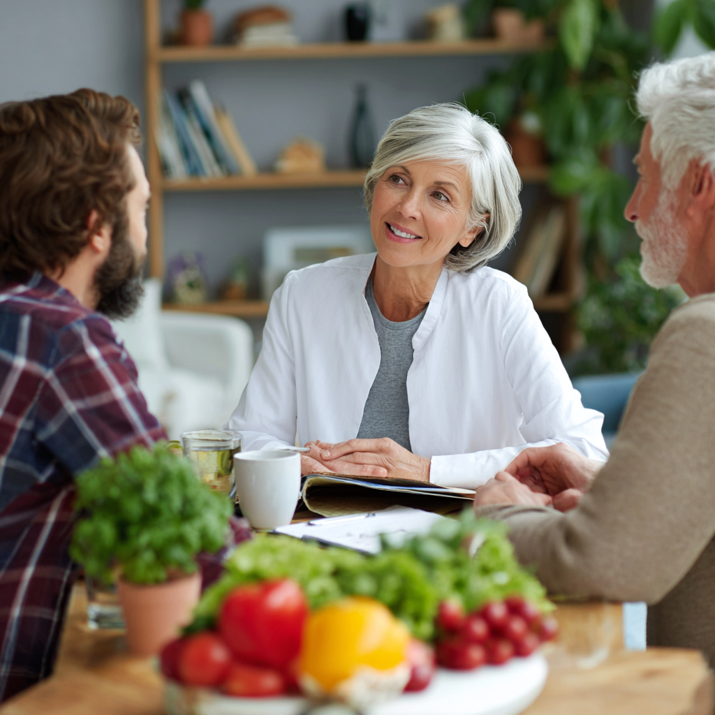 Professional nutritionist discussing personalized meal plans with mature adults in comfortable consultation setting